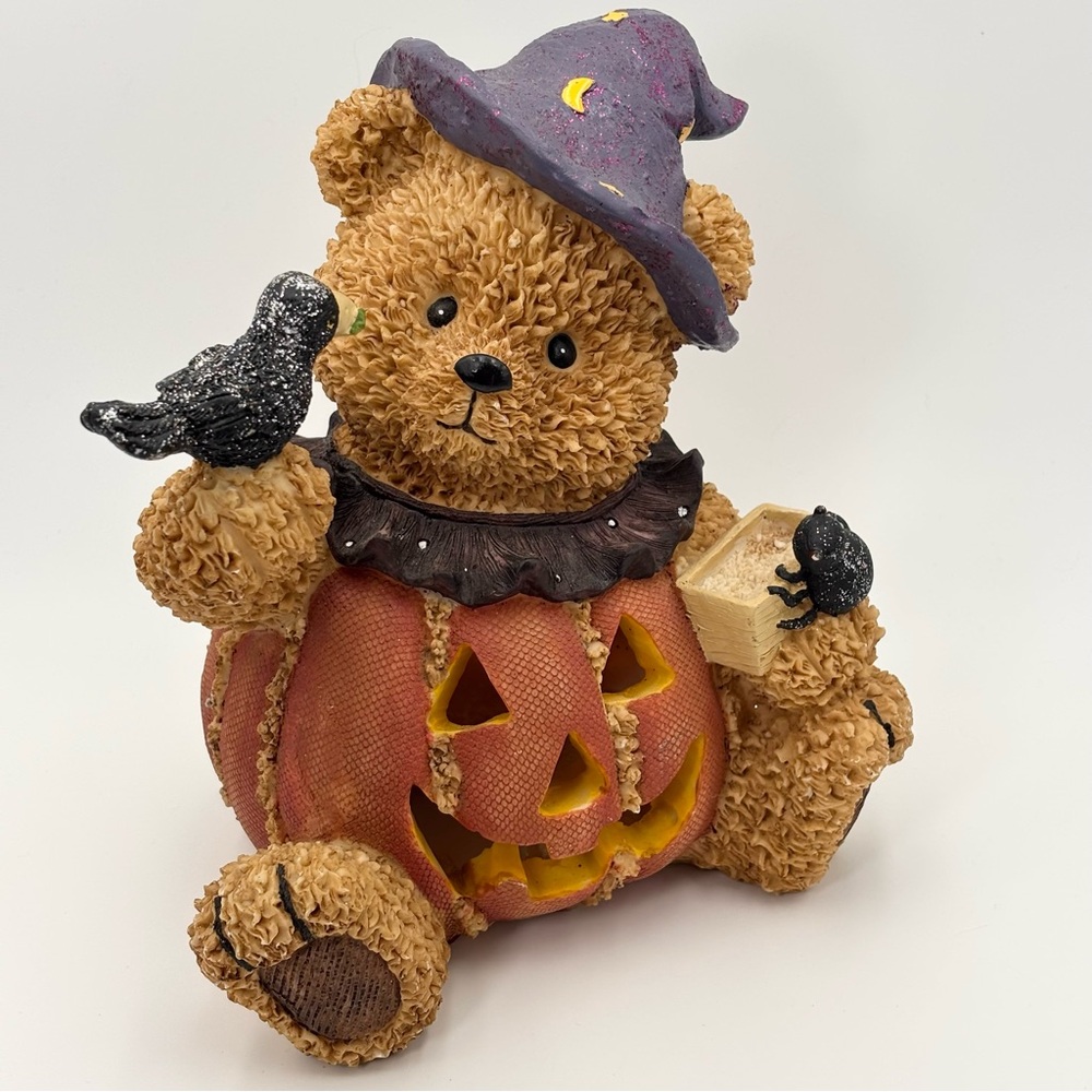 Halloween Teddy Bear Jack-O-Lantern Figurine Witch Hat Crow Spider Pumpkin Decor